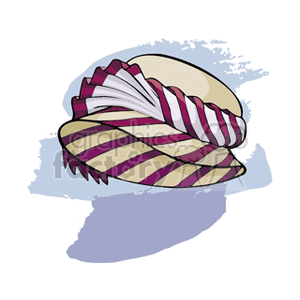 Clipart image of a stylish straw hat with purple and beige stripes, set against an abstract blue background.