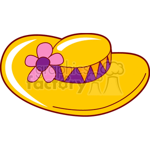 A colorful clipart image of a yellow hat decorated with a pink flower and a purple ribbon with triangular patterns.