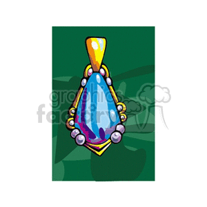 An illustrated clipart image of a jeweled pendant with a large blue gemstone set in gold with additional smaller pearls.