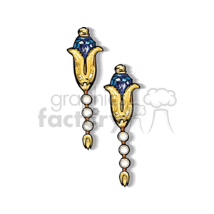 Clipart image of ornate gold earrings with blue and pearl accents.