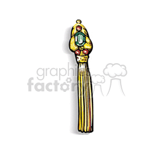 Clipart of a decorative gold scepter with a green gemstone and red jewels.