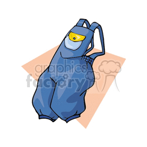 Clipart image of blue overalls with a yellow button on a white and orange background.