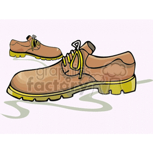 Illustration of a pair of brown shoes with yellow soles and laces.