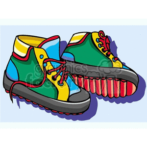 Colorful cartoon-style boots with a mix of green, yellow, red, and blue colors.