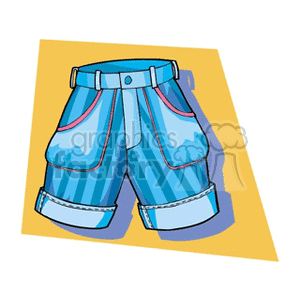 A clipart image of blue striped shorts with pink trim and a belt, set against a yellow background.