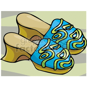 A pair of colorful clogs with a blue and yellow artistic design.