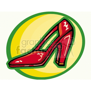 A vibrant clipart image of a red high-heeled shoe on a circular green and yellow background.