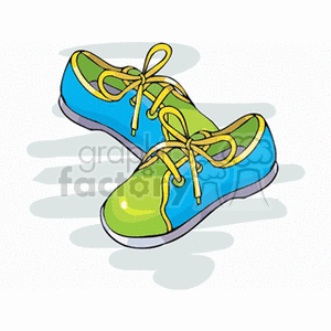 A pair of colorful sneakers featuring bright blue and green hues with yellow laces.