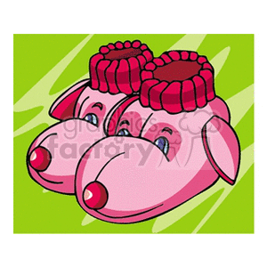 Cartoon-style pink dog-shaped slippers with red trim on a green background.