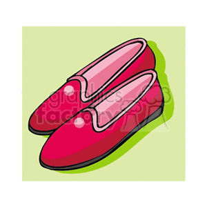 A pair of red slip-on shoes with black soles, illustrated on a light green background.