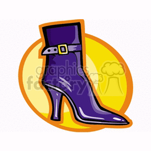 Illustration of a purple high-heeled boot with a buckle, set against a yellow circular background.