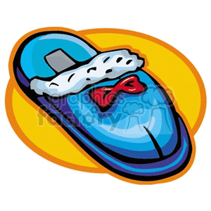 Illustration of a blue slipper with a white fur trim and a red bow.