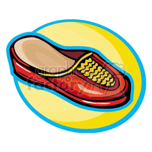 Clipart illustration of a red slipper with a yellow sole and detailing, set against a circular background.