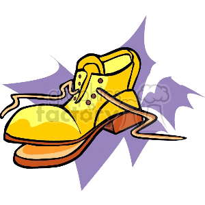 A clipart image of a yellow boot with laces, featuring a purple starburst background.