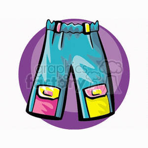 A vibrant clipart image of colorful cargo shorts with blue, pink, and yellow pockets set against a purple circular background.