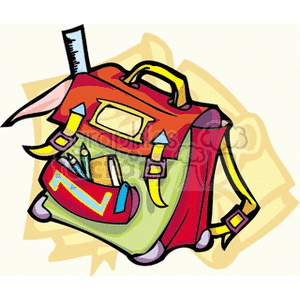 Colorful clipart of a backpack filled with school supplies like a ruler, pencils, and a notepad.