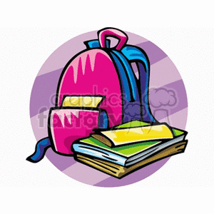 A colorful clipart image featuring a pink and blue backpack with books and school supplies, representing a back-to-school theme.