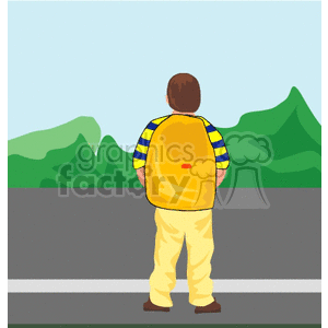 Illustration of a child with a yellow backpack standing by the roadside, with a mountainous background.