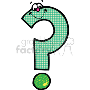 This image depicts a cartoon-style question mark with a country or gingham pattern. The question mark has a pair of eyes and a smiling expression, adding a sense of personality and fun to the punctuation symbol. The notable characteristics are the cute and friendly demeanor of the question mark and the use of bright and cheerful colors.