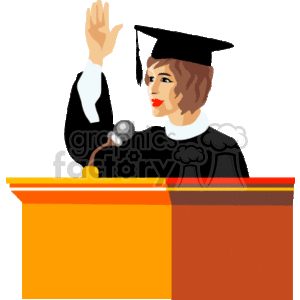 The clipart image depicts a person wearing academic attire, including a graduation cap, standing behind a podium with a microphone and raising their hand, as if to address an audience.
