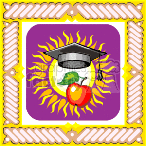   The clipart image depicts a graduation theme. It features a square academic cap (mortarboard) with a tassel on top of a sunburst design. Below the cap, there