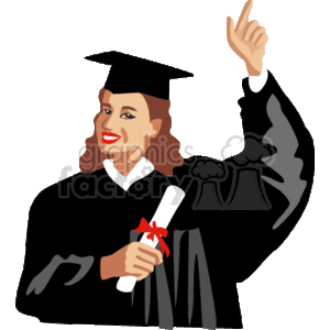   The clipart image features a happy individual wearing a graduation cap and gown, holding a diploma tied with a red ribbon, and raising one finger, likely to express a sense of achievement or to signal a new beginning after graduation. 