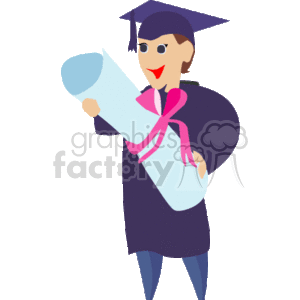 The image is a clipart of a person in graduation attire. They are wearing a graduation cap (mortarboard) and a gown. The person is happily holding a diploma tied with a ribbon, symbolizing successful completion of an academic degree.