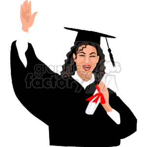 This clipart image features a smiling individual wearing a graduation cap and gown, holding a diploma with a red ribbon, and raising one hand in a celebratory gesture.