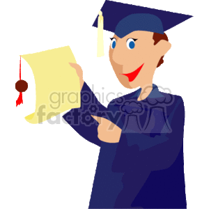   The clipart image depicts a smiling graduate in a blue cap and gown holding a diploma. The cap has a tassel hanging off it. 