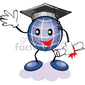 The clipart image depicts a stylized, anthropomorphic globe wearing a graduation cap (mortarboard) and holding a diploma with a red ribbon. The globe has a face with a happy expression, waving with one hand and standing on what appears to be a small cloud.
