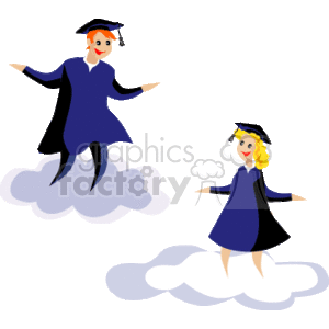 This clipart image features two animated characters, both in graduation attire with caps and gowns, standing on clouds. It represents a sense of achievement and elation associated with graduation, suggesting they are metaphorically on cloud nine due to their academic success.