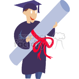 The image is a clipart depiction of a person celebrating graduation. The individual is wearing a blue cap and gown, known as academic dress, which is traditionally worn during commencement ceremonies. On their head is a square academic cap (mortarboard) with a tassel attached. They are holding a large scroll tied with a red ribbon, representing a diploma, which symbolizes the completion of an academic degree or program of study. The figure appears happy, suggesting a sense of accomplishment and joy associated with graduation.