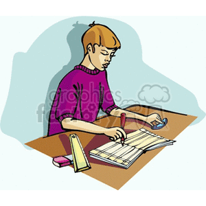 Clipart image of a student sitting at a desk working on homework with a textbook and stationery.