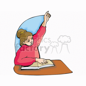 A clipart image of a student sitting at a desk with an open book, raising their hand, indicating participation or asking a question.