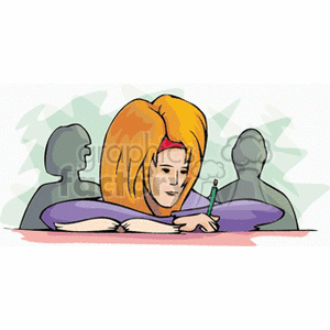 Illustration of a student working on homework with books and a pencil in a classroom setting, surrounded by abstract figures.