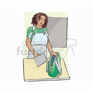 A girl in a classroom setting holding a book and a backpack, possibly preparing for a lesson.