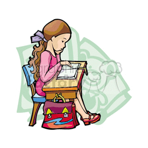 Clipart image of a girl sitting at a desk doing homework, with a backpack beside her.