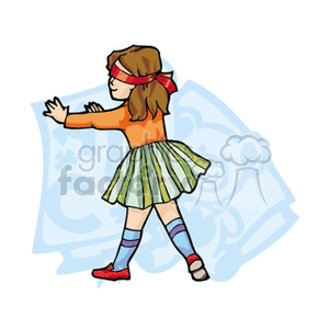 A playful illustration of a girl wearing a blindfold and colorful clothing, reminiscent of a classroom or learning environment.