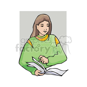 Clipart of a girl wearing a green sweater, reading a book.