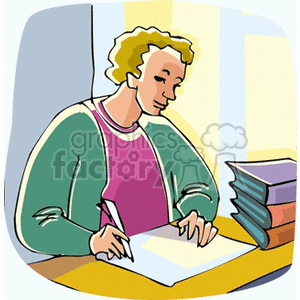 An illustration of a person writing at a desk with books stacked nearby, representing a classroom or educational setting.