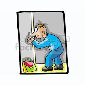 Cartoon illustration of a student peeking through a doorway with a backpack on the floor, depicting curiosity or sneaking.