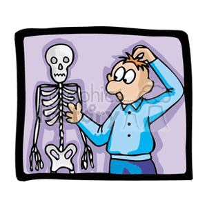 Clipart illustration of a confused student standing next to a skeleton in a classroom setting.