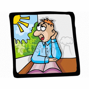 Cartoon illustration of a student daydreaming in class while looking out the window at the sunny day.