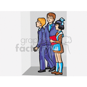 Clipart image of three students, two boys and a girl, dressed in school uniforms standing together.