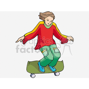 Illustration of a person skateboarding, wearing a red and yellow sweater and green pants.