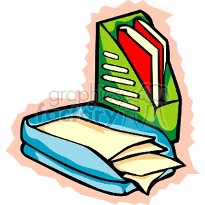 Clipart image of school and education supplies including papers, a file folder, and books.