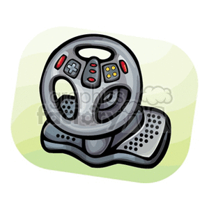 An illustration of a game steering wheel with attached foot pedals, typically used for driving video games.