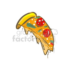 The image is a cartoon-style clipart of a single slice of pizza. The pizza appears to be topped with cheese, which is melting and stretching, pepperoni slices, and possibly green bell peppers or some kind of green vegetable. The crust is golden brown.