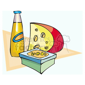 Cheese, Beverage Bottle, and Box