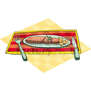 A clipart image of a meal setting featuring a plate with food, a fork, and a knife on a red and yellow checkered placemat.